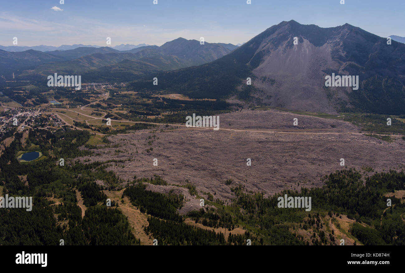oblique aerial view of Turtle Mountain and the deadly 1903 Frank slide with Highway 3 cut across it, Municipality of Crows Nest Pass, Alberta, Canada Stock Photo