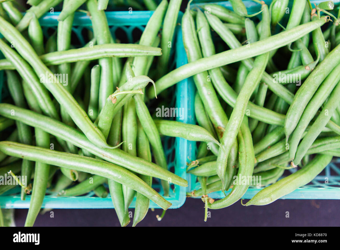 Baskets of green beans at market Stock Photo