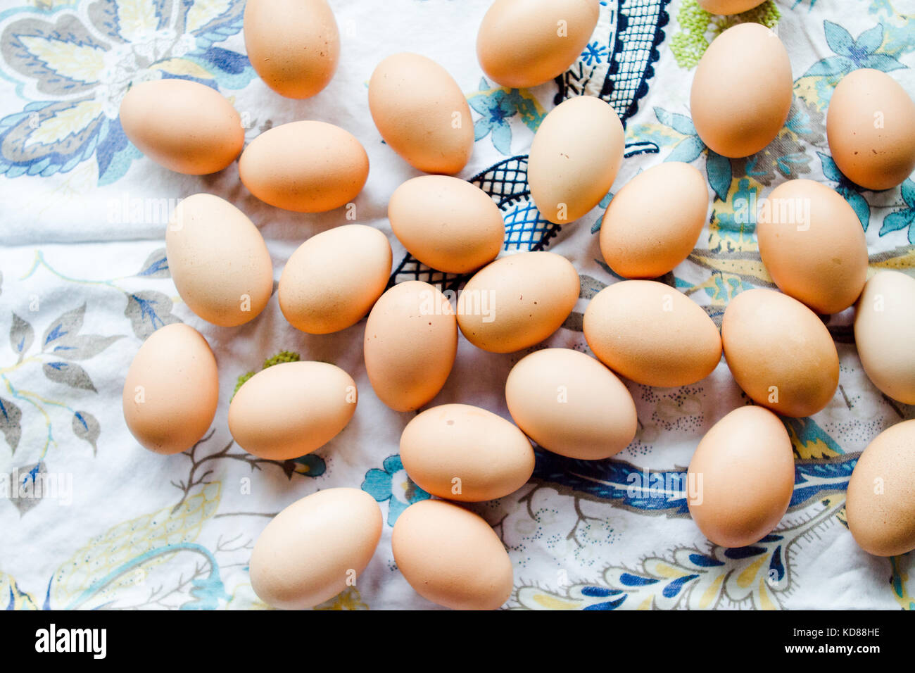 Farm fresh eggs on tea towel Stock Photo