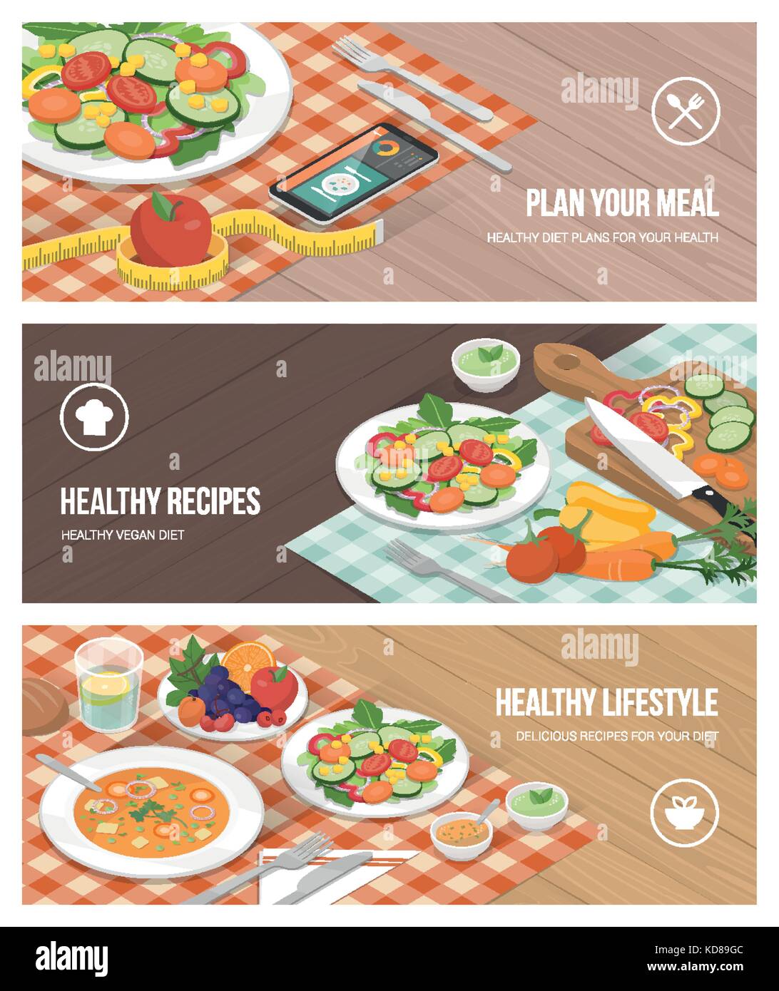Healthy vegan food and dieting concept: food preparation, diet planning app and lunch table Stock Vector