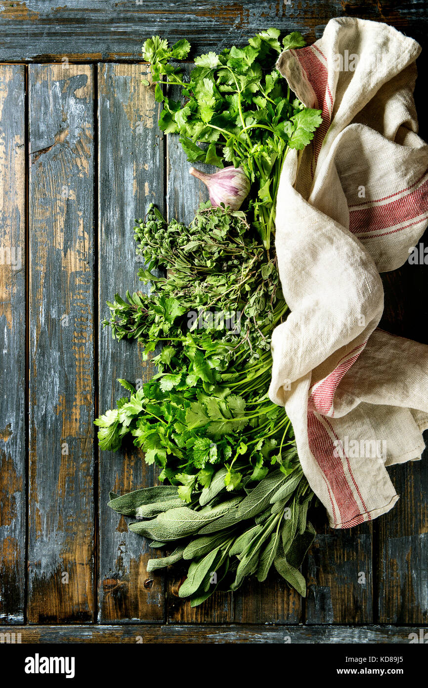 Variety of fresh organic herbs coriander, sage, oregano with garlic and
