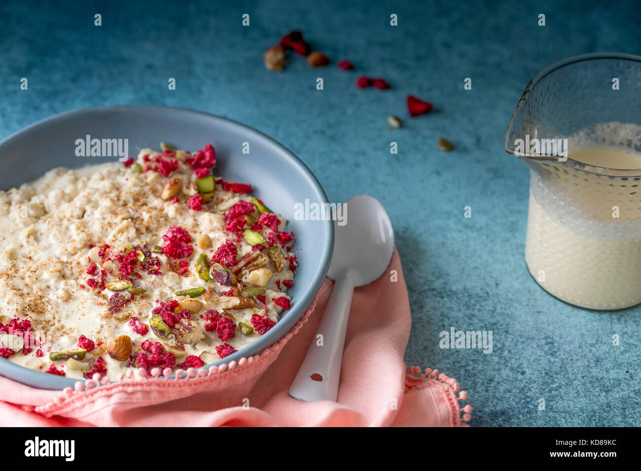 Quinoa Porridge with Raspberries and Nuts. Porridge with Raspberries