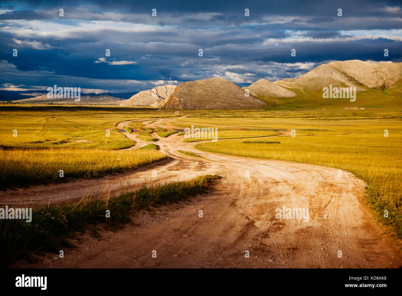 Dirt road through rural landscape, Mongolia Stock Photo