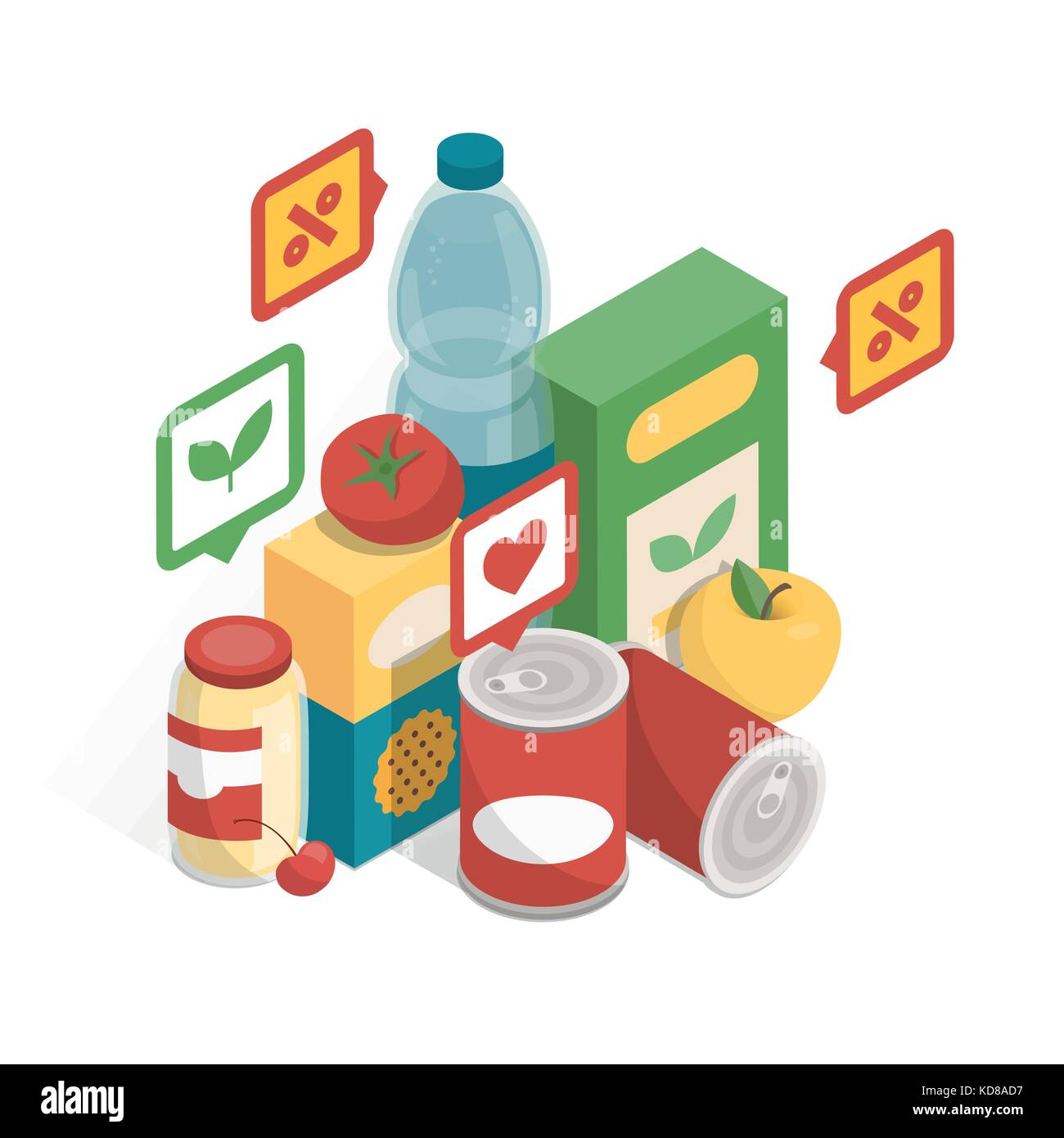 Grocery products and icons providing informations for the customers, grocery shopping and augmented reality concept Stock Vector