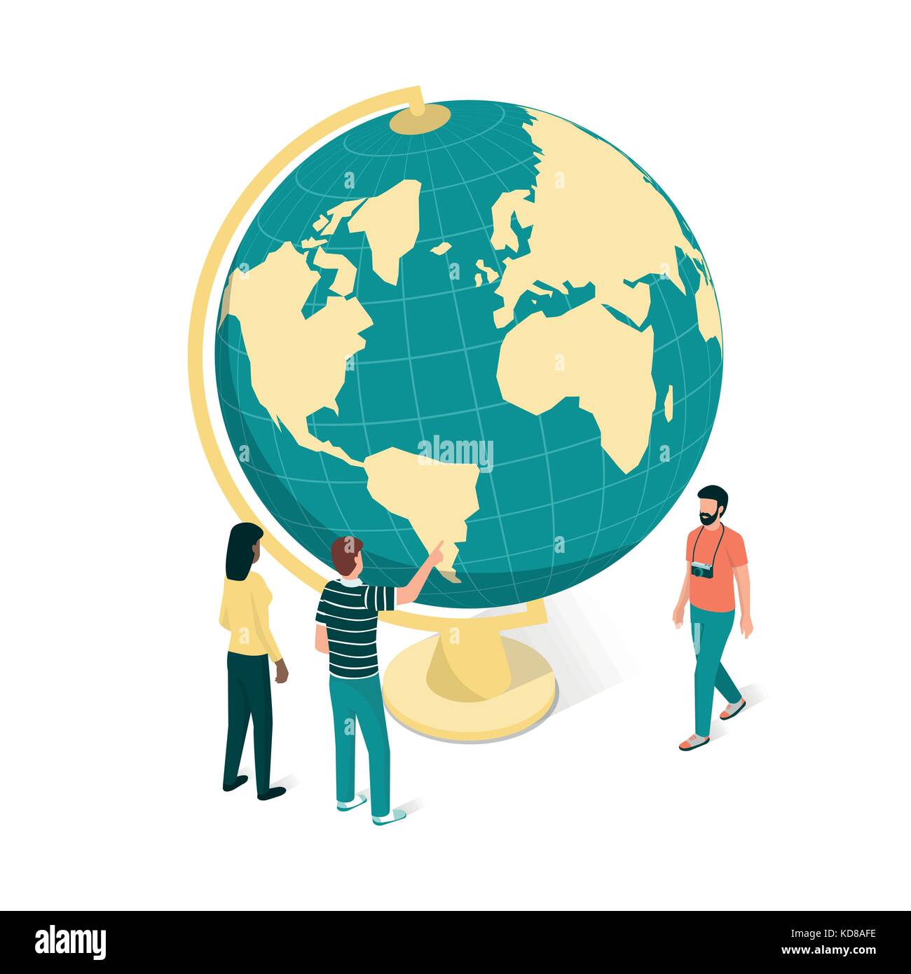 Young people planning a journey around the world, they are pointing at the globe, travel and tourism concept Stock Vector