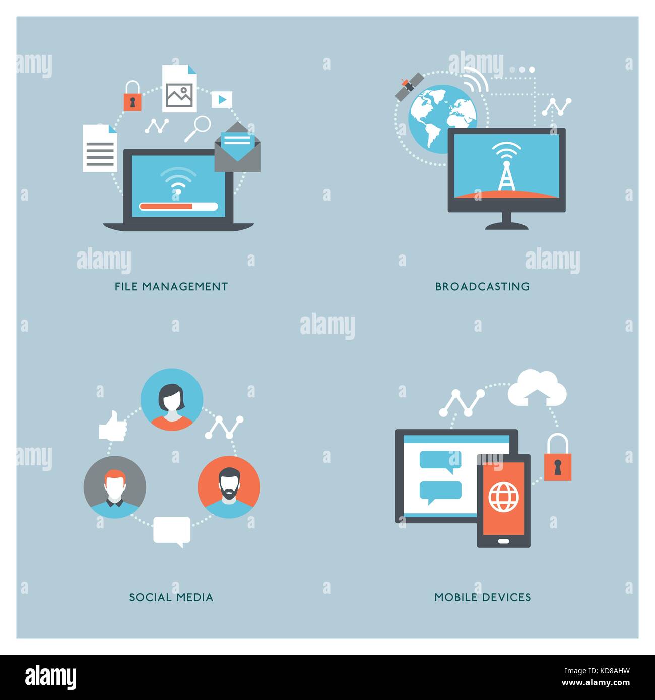 Internet, computers, mobile devices and social media concepts with icons Stock Vector
