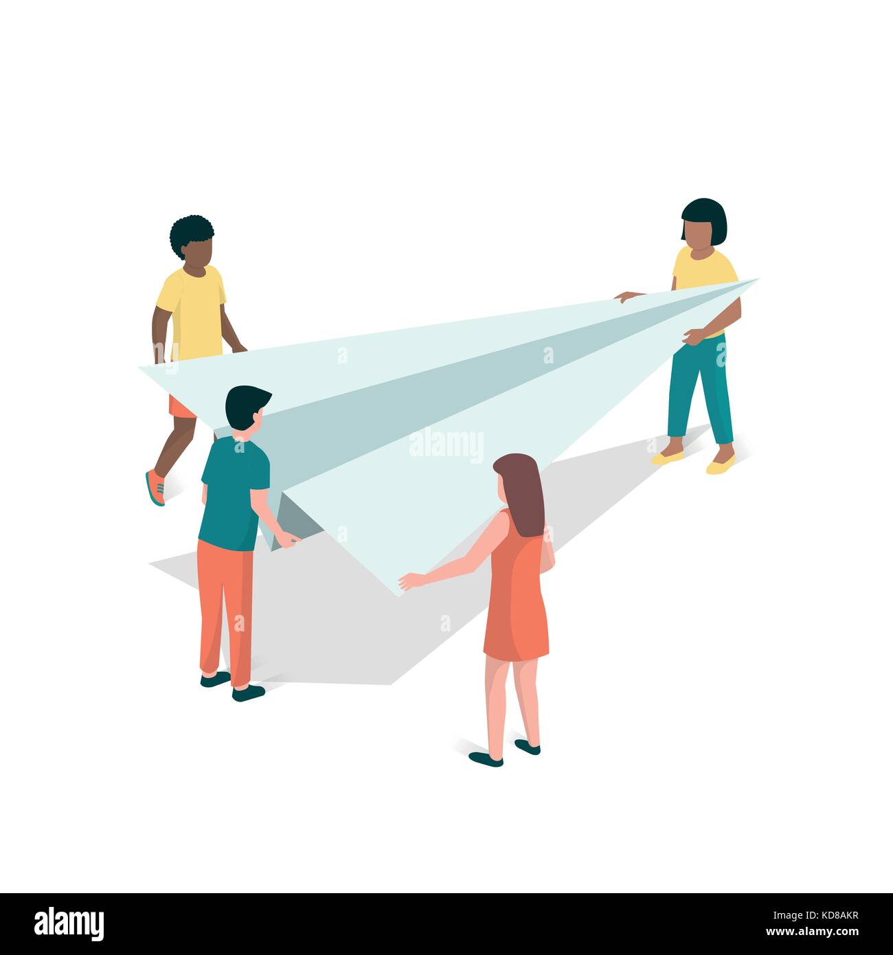 Children holding a paper plane and playing together, teamwork and childhood concept Stock Vector