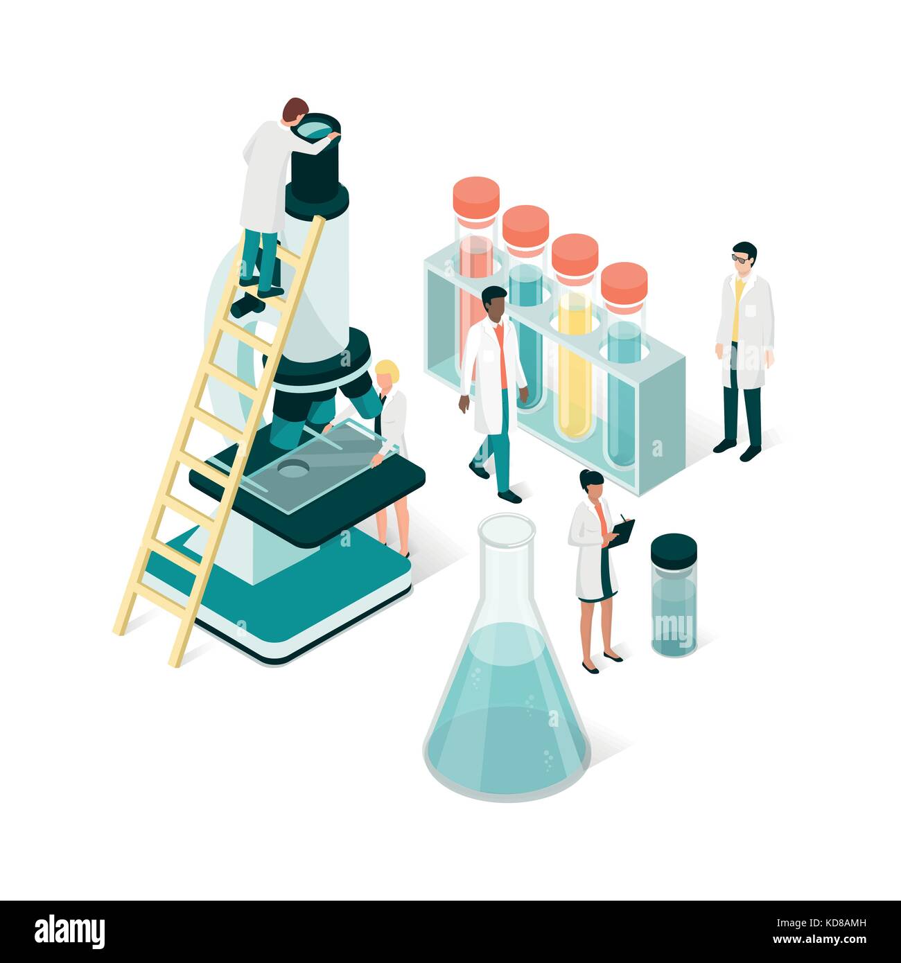Researchers in the laboratory, they are analyzing a sample using a microscope and checking test tubes: science and medical research concept Stock Vector