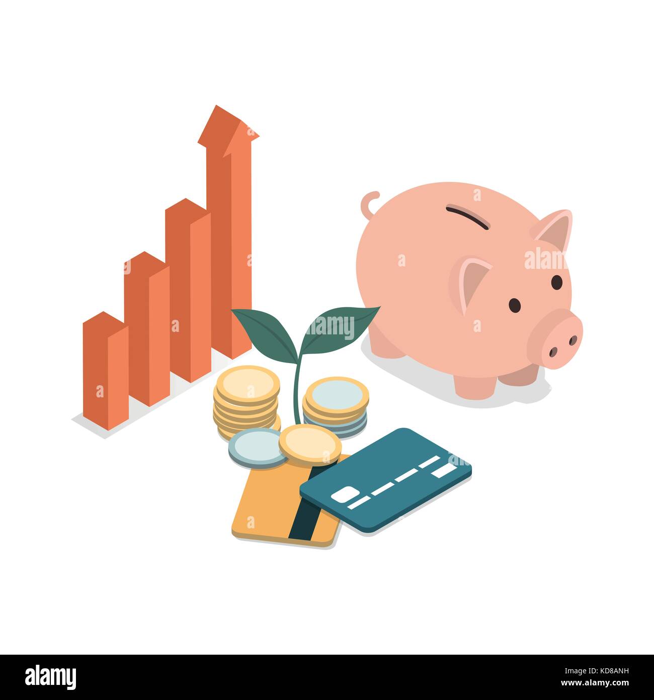 Piggy bank, credit cards, money and business chart going up: successful business investments and earning concept Stock Vector