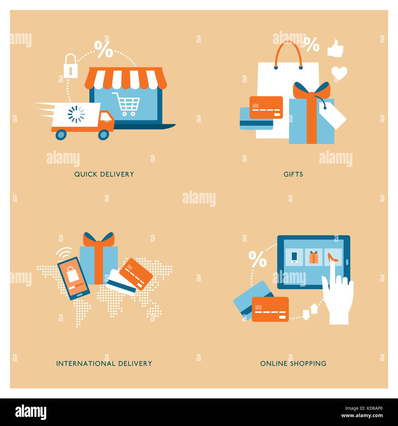 Online shopping, purchase and delivery concepts with icons Stock Vector