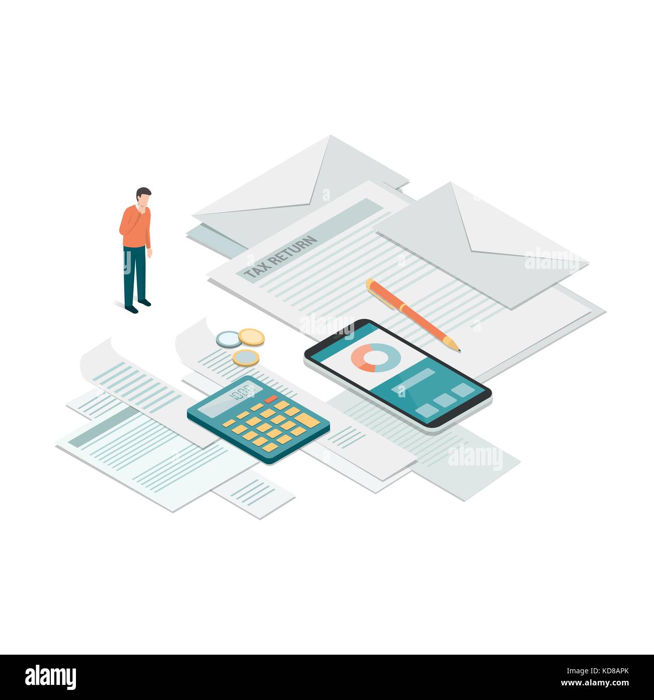Businessman checking bills, invoices and tax forms: payments, accounting and business management concept Stock Vector
