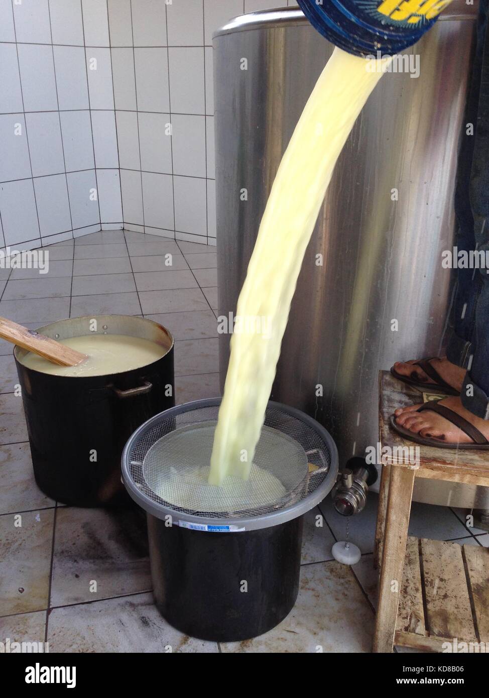 Cheesemaking in a rustic farm, draining whey Stock Photo Alamy