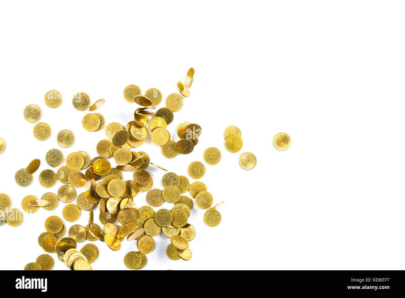 Top view of Falling gold coins money isolated on the white background ...