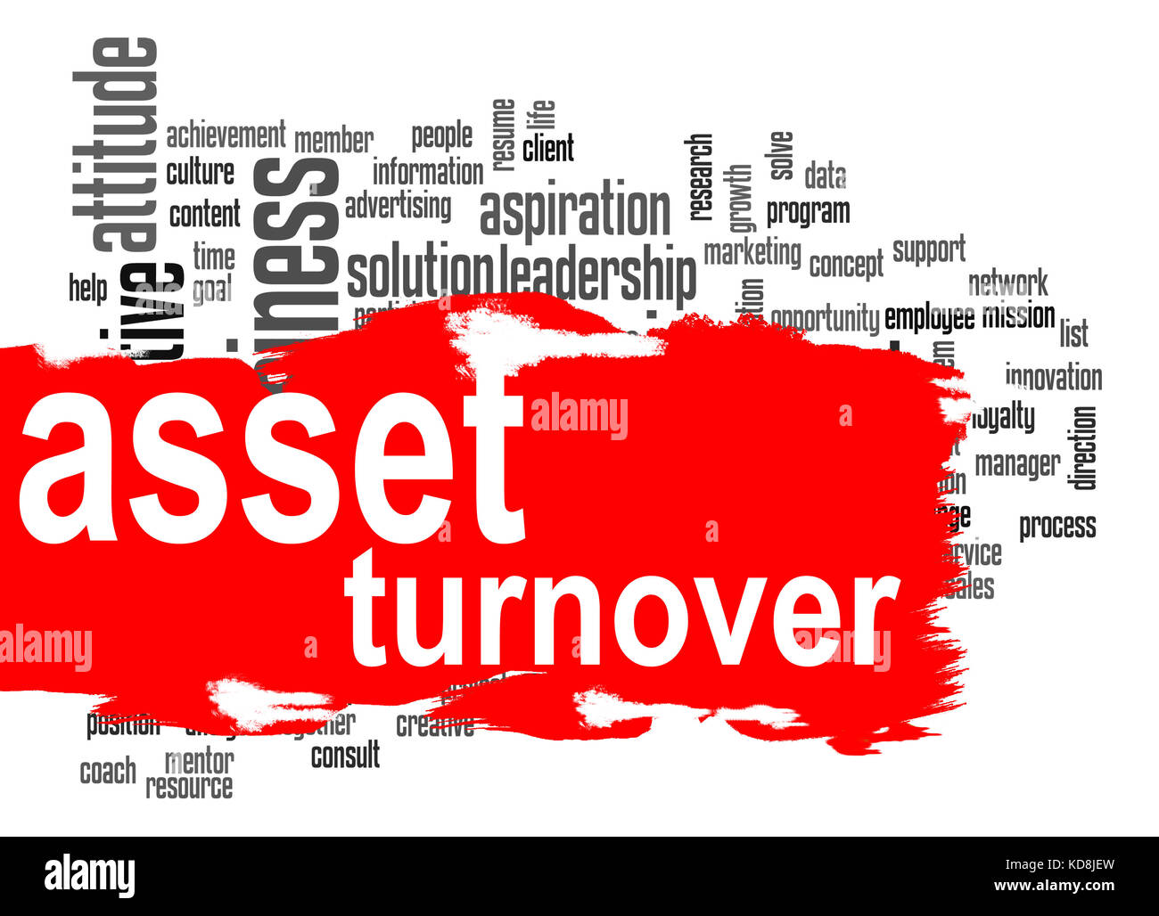 Asset turnover word cloud with red banner image with hi-res rendered artwork that could be used for any graphic design. Stock Photo