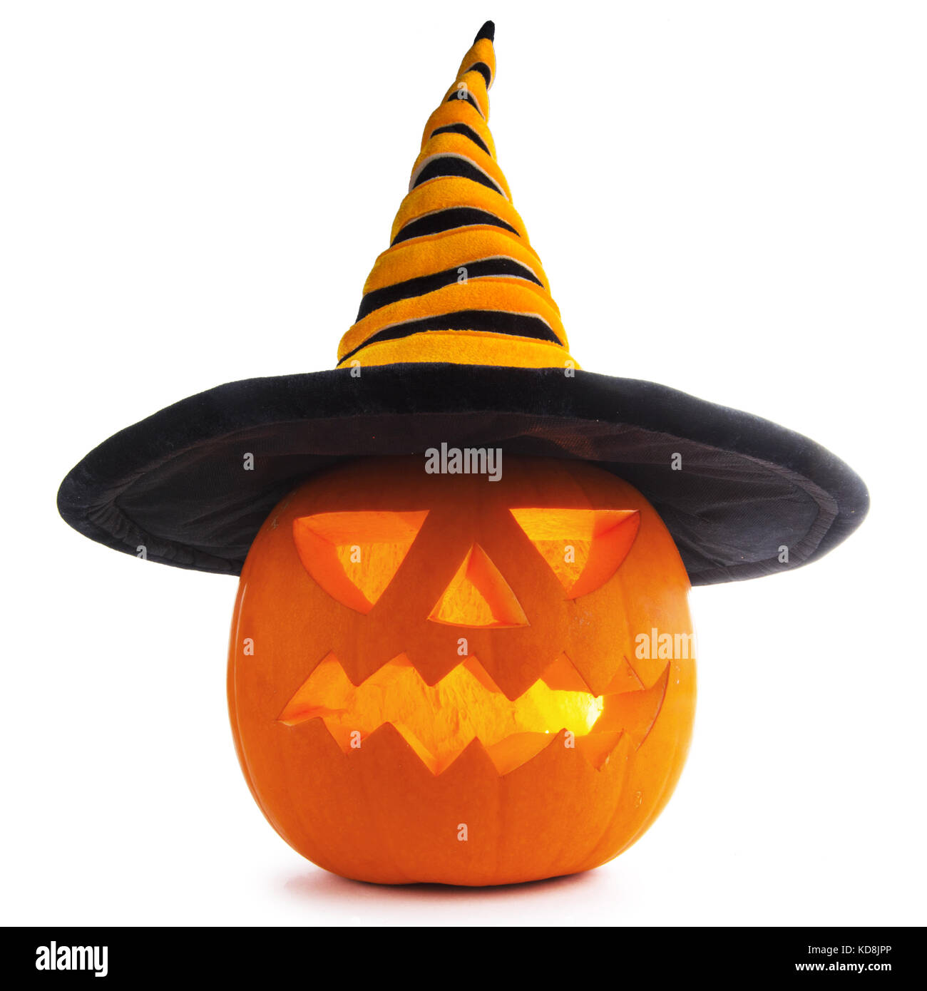 Jack O Lantern Halloween pumpkin with witches hat isolated on white ...