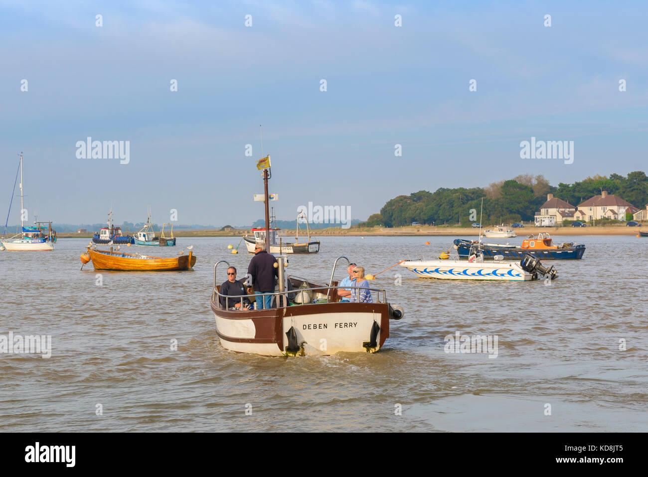 Suffolk River Deben, view of the Felixstowe Ferry boat crossing the River Deben heading towards Bawdsey, UK Stock Photo