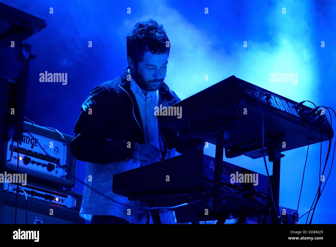 BARCELONA - JUN 1: Survive (electronic music band) perform in concert at Primavera Sound 2017 Festival on June 1, 2017 in Barcelona, Spain. Stock Photo