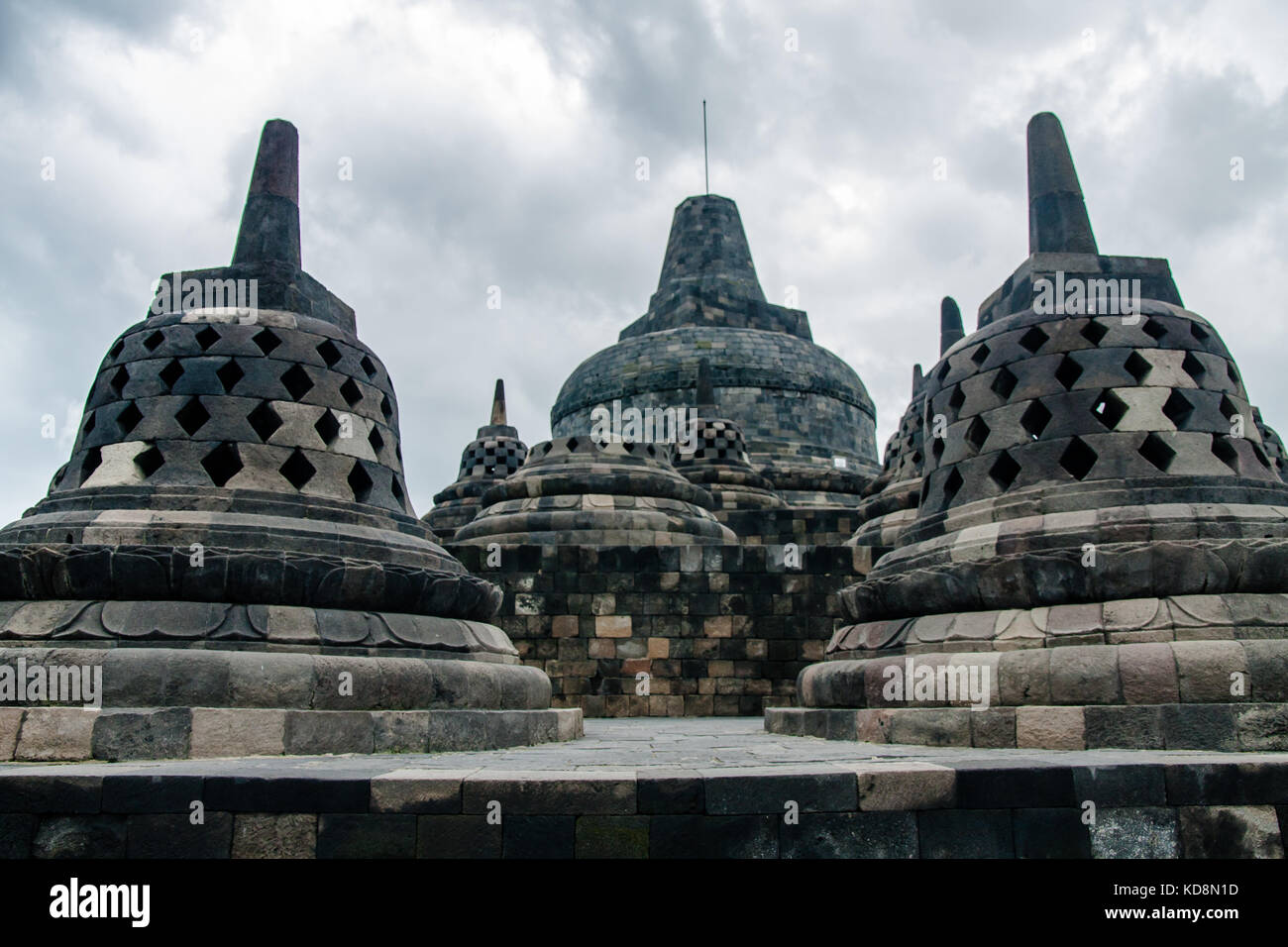 The perforated stupas on the top of the Borobudur Temple, Yogyakarta, Indonesia Stock Photo