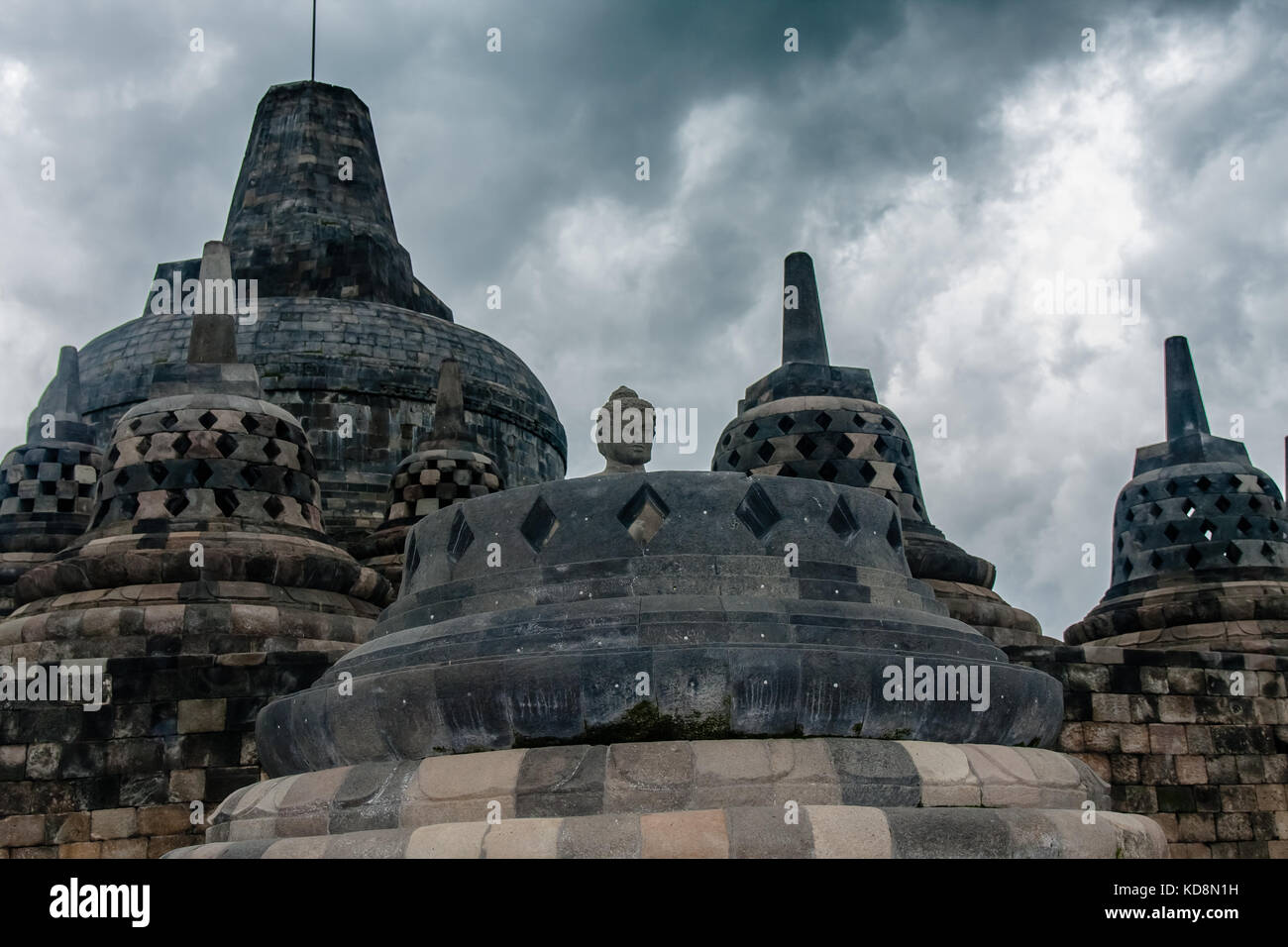 The perforated stupas on the top of the Borobudur Temple, Yogyakarta, Indonesia Stock Photo