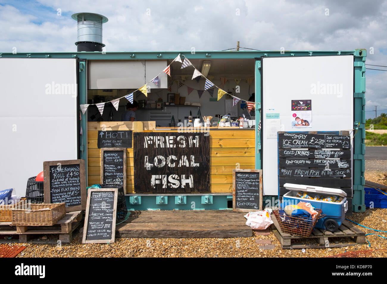 The Dungeness Fish Hut Snack Shack front in Dungeness, Kent, UK Stock