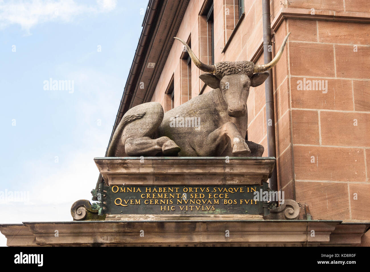 A statue of  an ox on the  Ochsenportal (Bull portal) on the ancient Fleisch Bridge in the old town of Nuremberg, Germany. The latin inscription says: Stock Photo