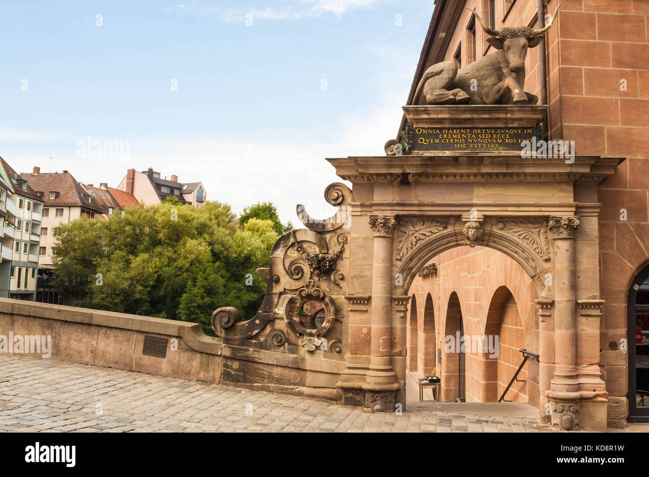 Nuremberg, Germany - August 28, 2016: The Ochsenportal (Bull portal) on the ancient Fleisch Bridge in the old town of Nuremberg, Germany. Stock Photo