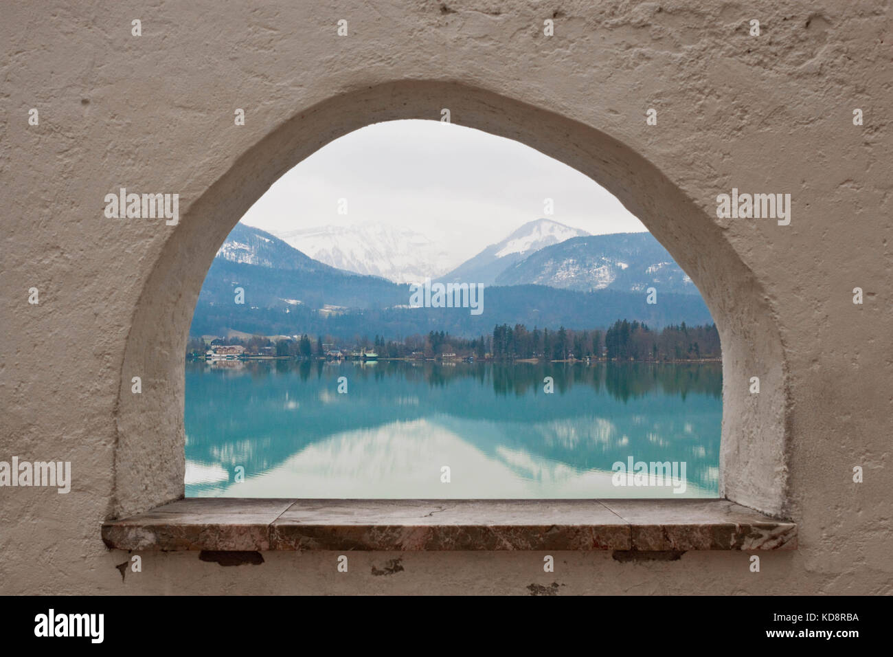 Mountain lake Wolfgangsee on winter day. View from the gallery of  the Pilgrimage Church Of St. Wolfgang. Austria, St. Wolfgang. Stock Photo