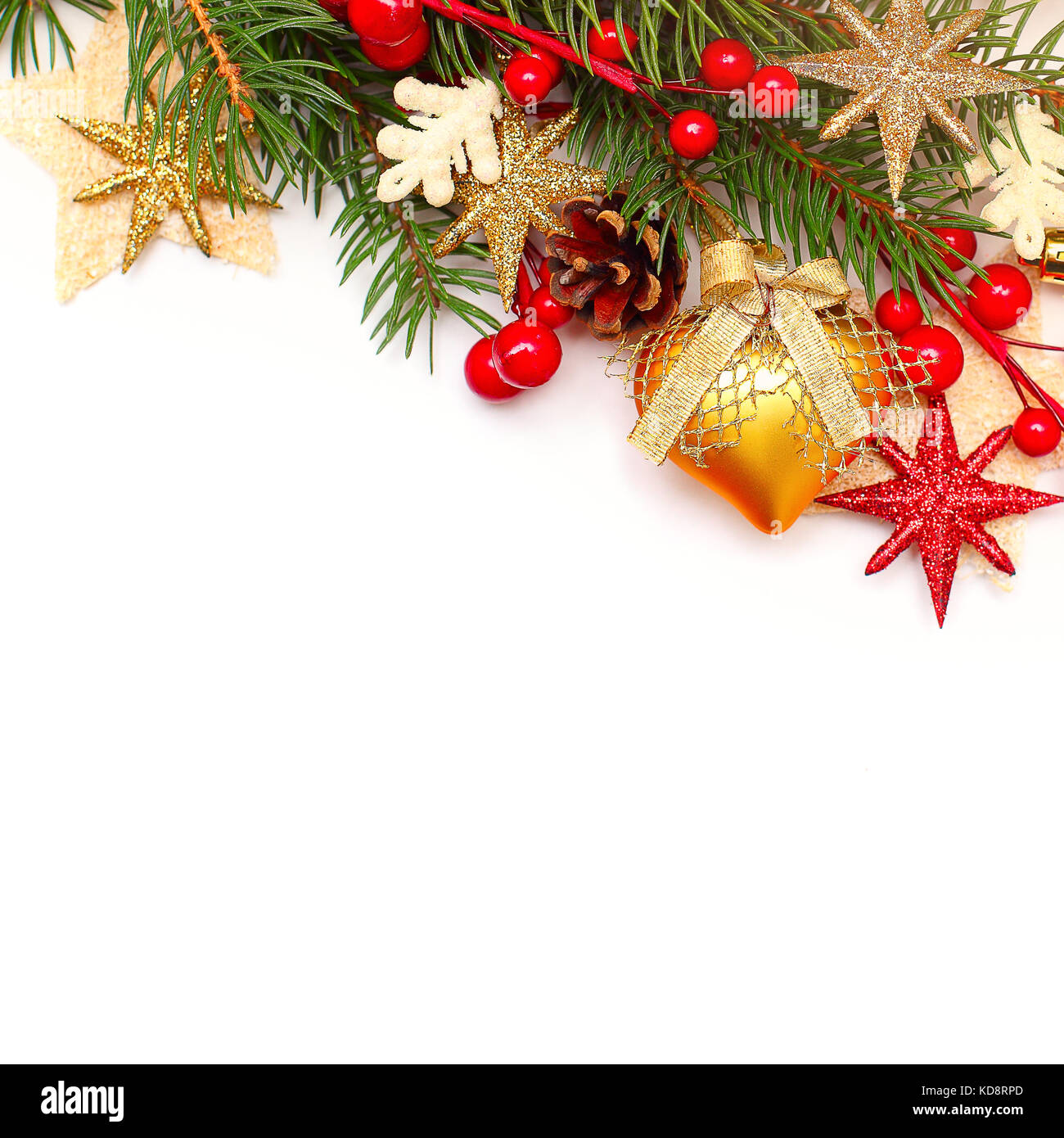 Christmas Background with Xmas Tree Twig and Decorations. Abstract Christmas or New Year Border for Xmas Card Stock Photo