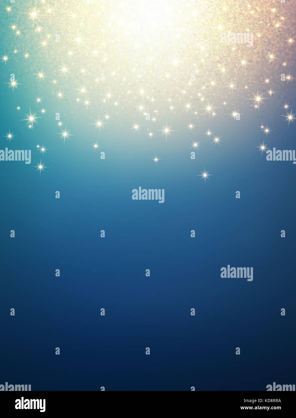 Golden light, glitters and stars falling on a blue background Stock ...