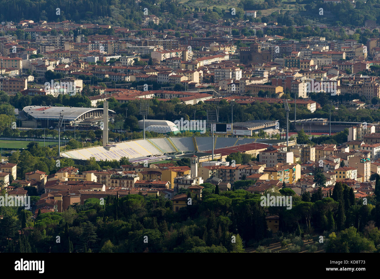 Stadio Comunale Artemio Franchi home of ACF Fiorentina and City of Firenze (Florence) seen from above, Fiesole, Tuscany, Italy. 26 August 2017 © Wojci Stock Photo