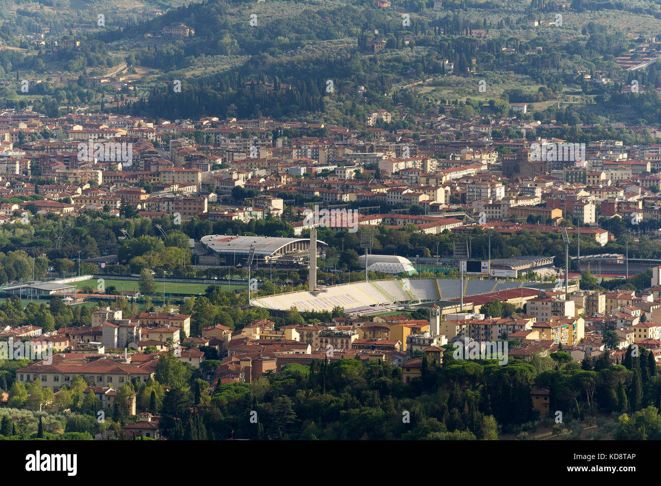 Stadio Comunale Artemio Franchi home of ACF Fiorentina and City of Firenze (Florence) seen from above, Fiesole, Tuscany, Italy. 26 August 2017 © Wojci Stock Photo