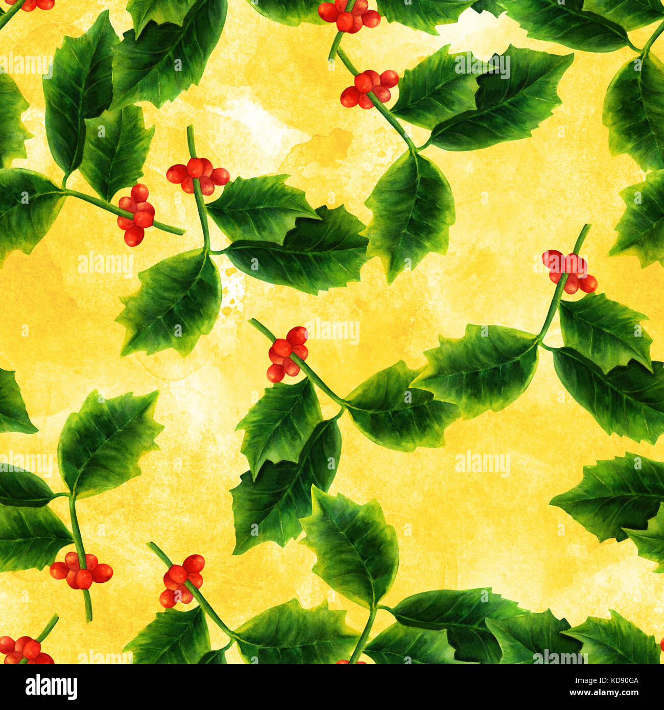 Seamless golden pattern with watercolor Christmas holly Stock Photo - Alamy