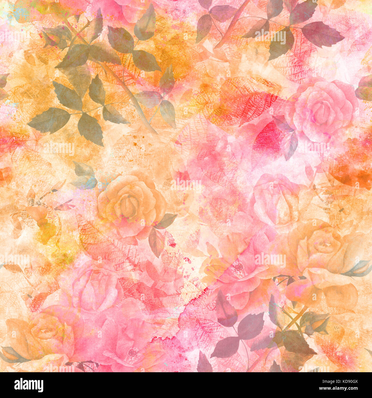 Toned seamless pattern with watercolor roses, butterflies, and l Stock ...