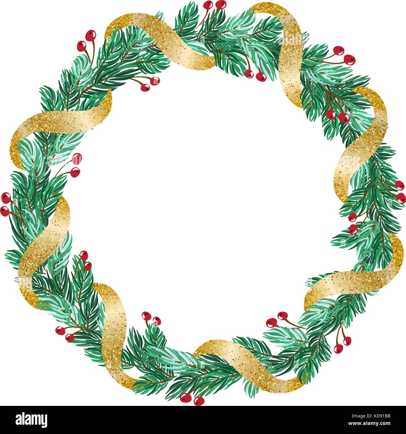 green Christmas vector wreath with golden ribbon and decorations on ...