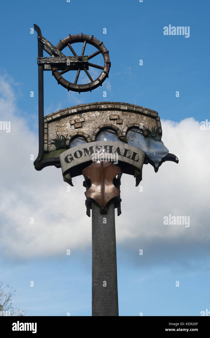 Village sign at Gomshall in the Surrey Hills AONB, UK Stock Photo