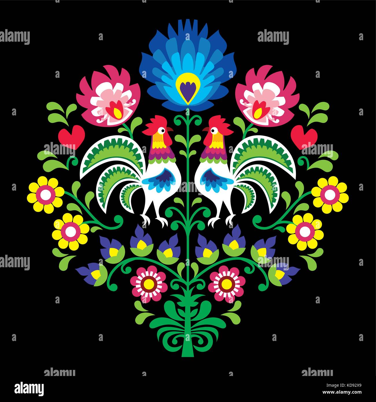 Polish folk vector pattern with roosters - floral design Wzory Lowickie ...