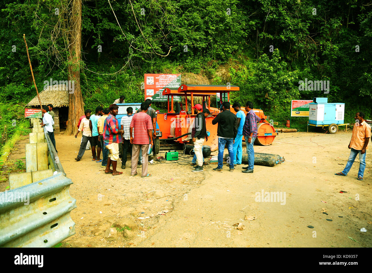 Film Crew On Location Movie Shooting near forest background Stock Photo