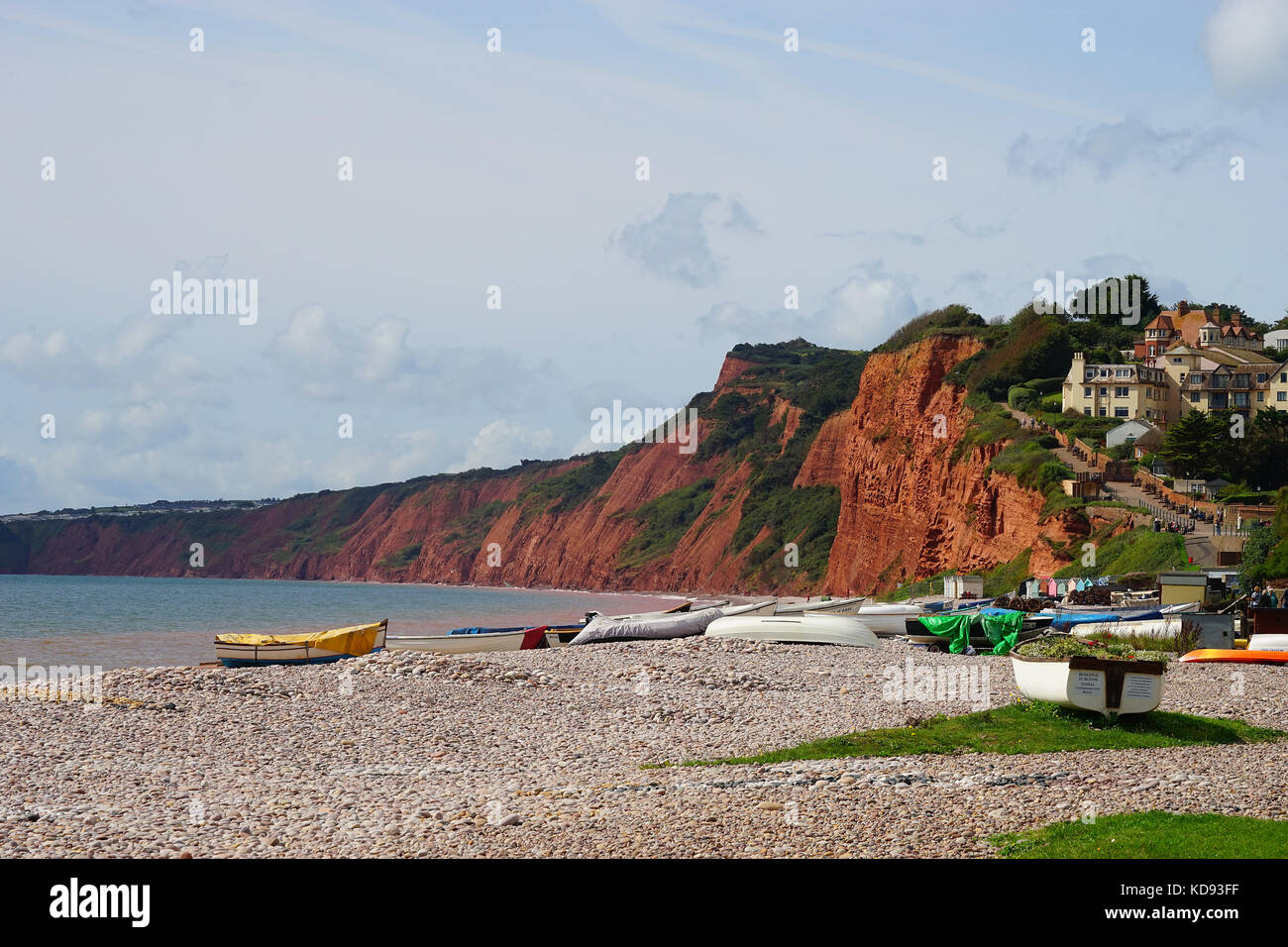 A view westwards along the beach at Budleigh Salterton to the red