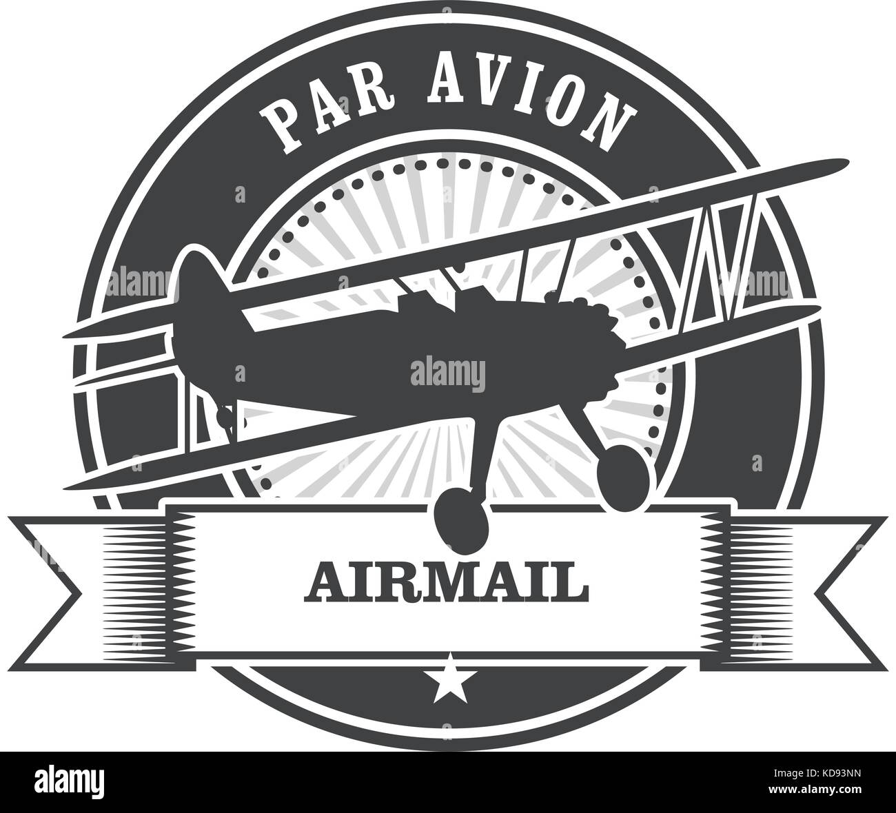 Airmail stamp with biplane - per avion Stock Vector