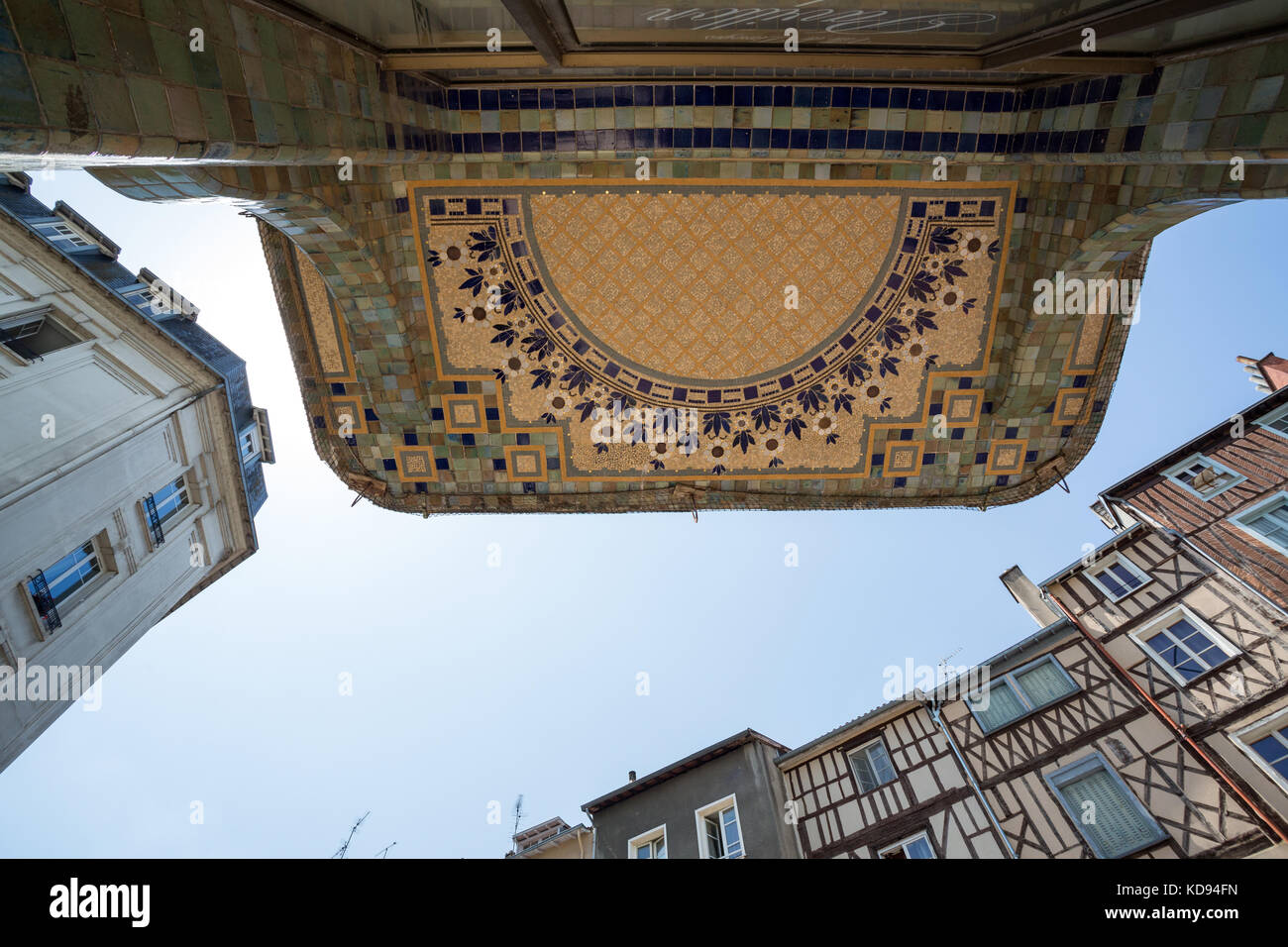 LIMOGES, LIMOUSIN, FRANCE - JULY 2, 2017: A look up at the entrance to the pavillon du Verdurier to the mosaic roof. Stock Photo