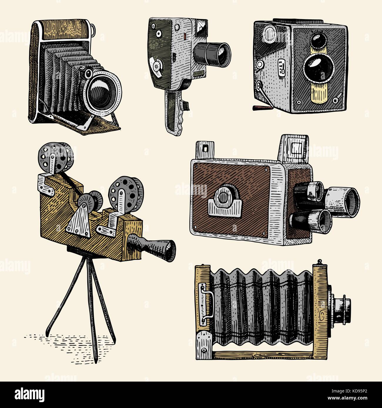 evolution of the photo, video, film, movie camera from first till now  vintage, engraved hand drawn