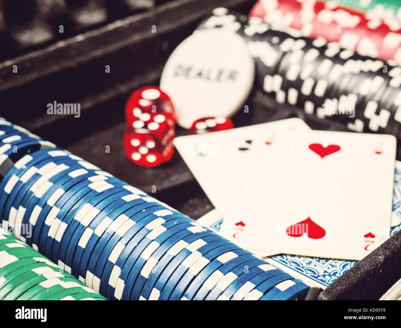 Set of poker chip or counter with card and dice in metal case Stock Photo