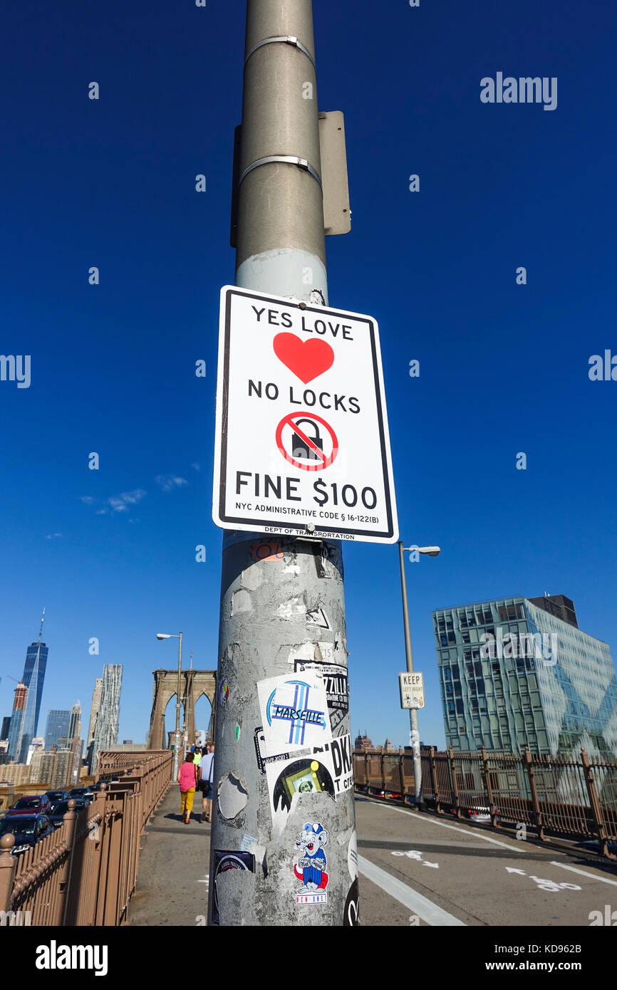 Love Locks Sign, forbidden, not allowed, Brooklyn Bridge, New York, USA Stock Photo