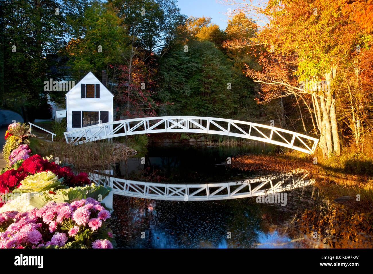 Footbridge across pond at the Mt Desert Island Historical Society