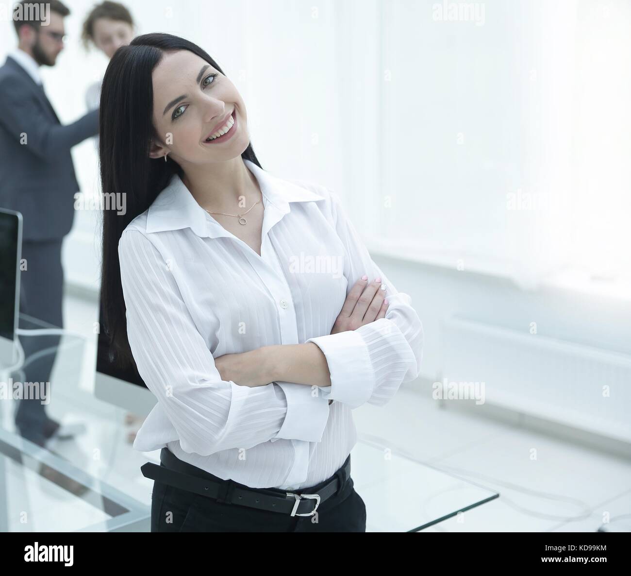 successful young business woman on the background of a workplace Stock ...