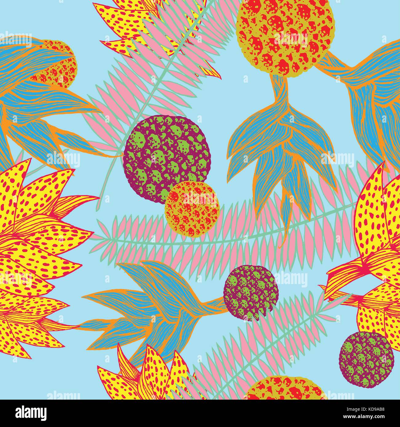 vector illustration of a hand drawn seamless pattern with plants inspired by tropical botany in vivid colors Stock Vector