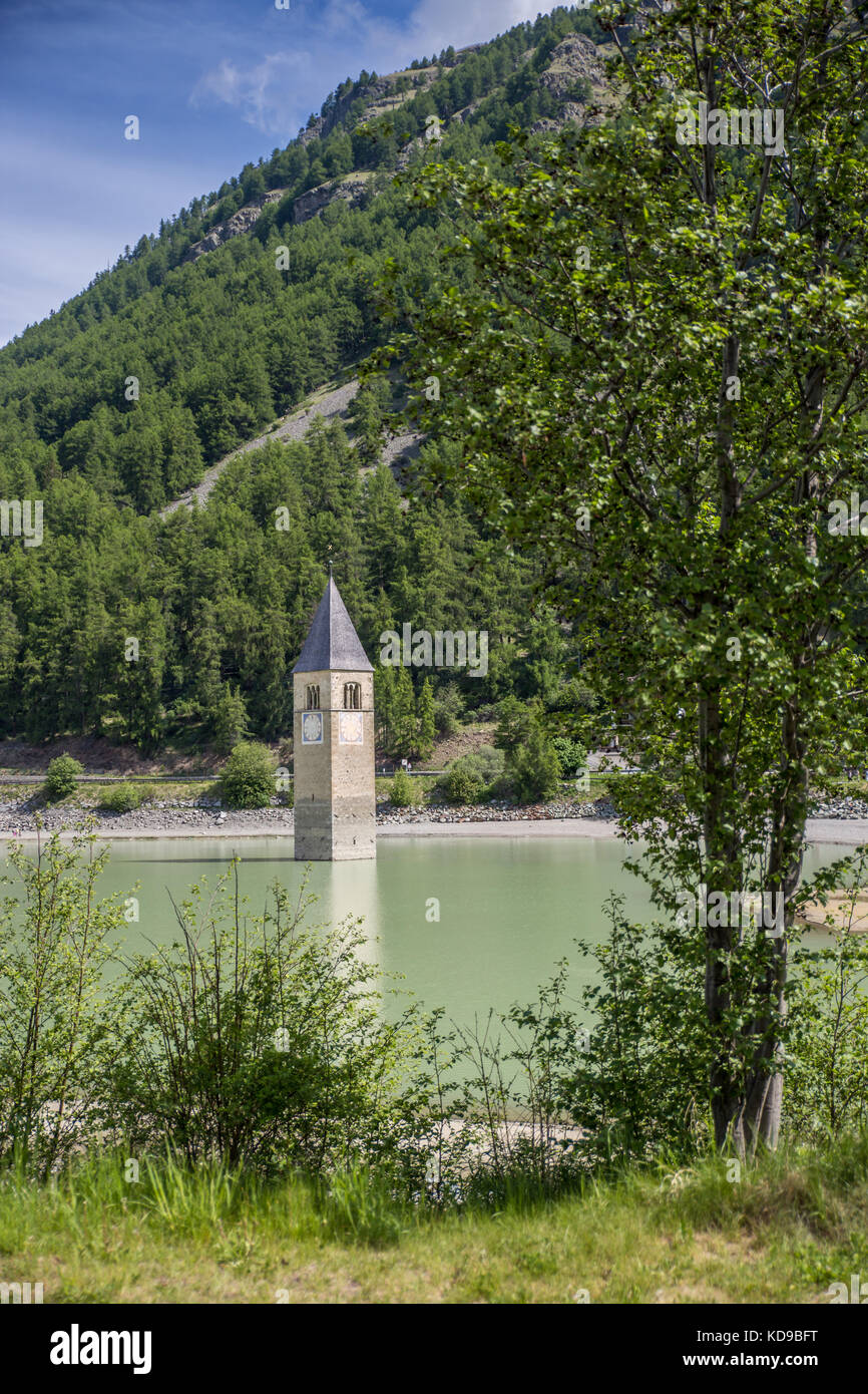 Church Tower Of Graun in the Lago Di Resia, Italy, Europe Stock Photo