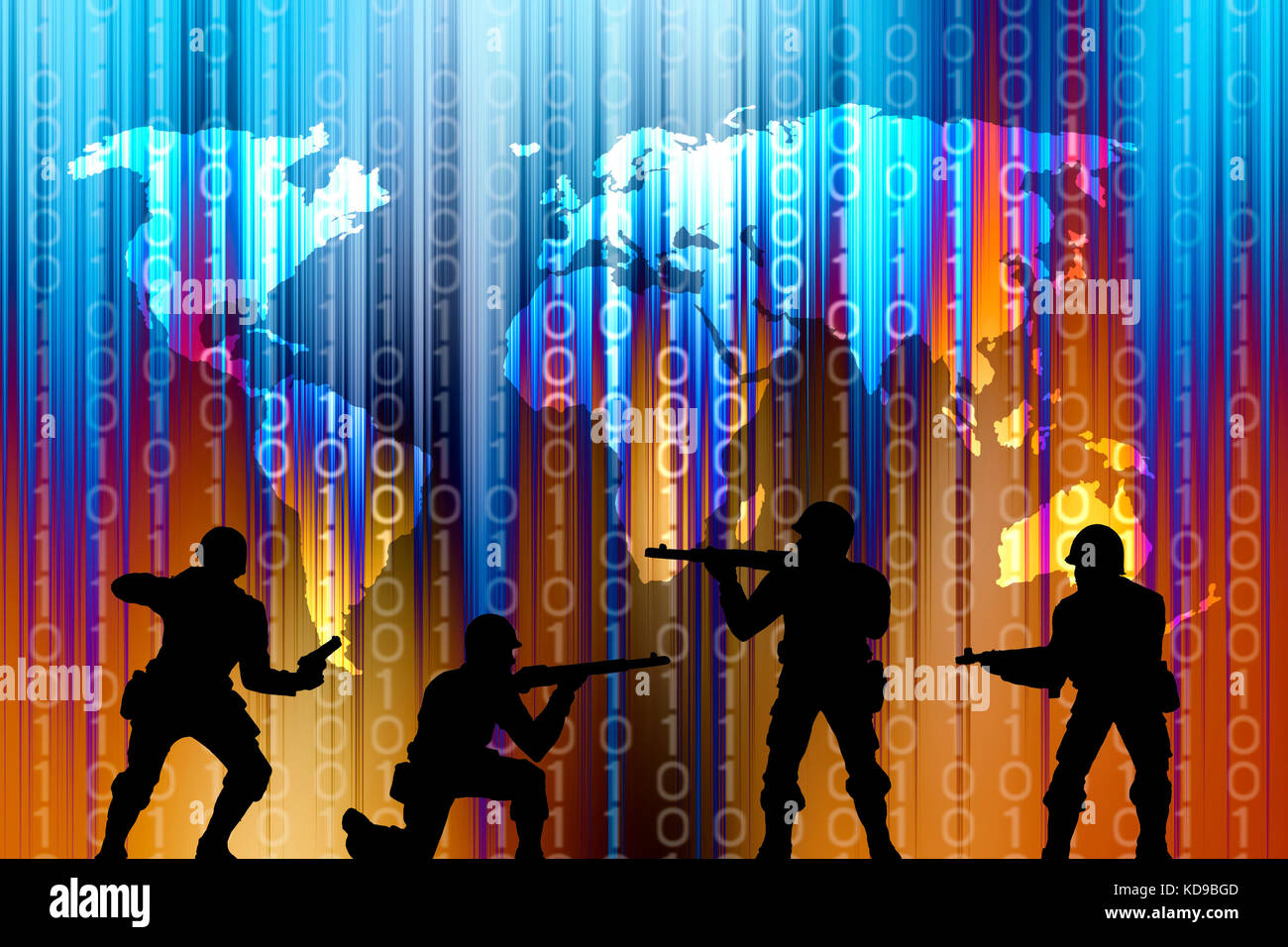 soldiers silhouettes in front of world map, cyber war concept Stock Photo