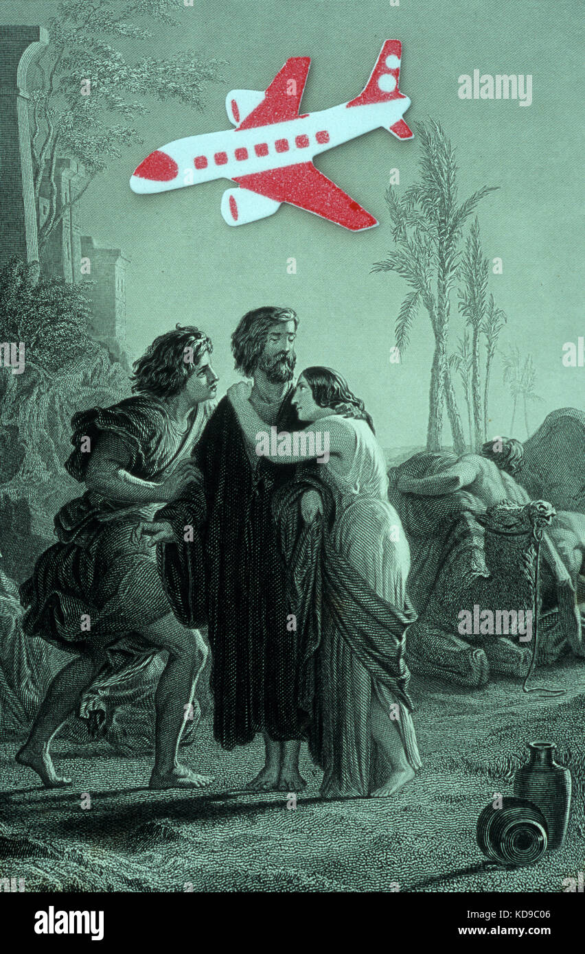 Antique Bible engraving showing despairing woman clinging to man while modern airplane flies overhead Stock Photo