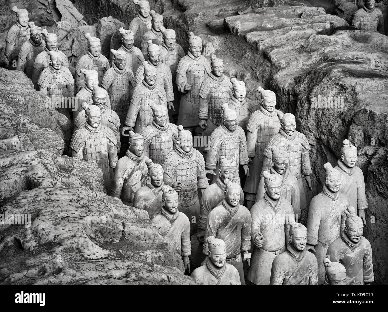 Xian, China - October 4, 2017: Terracotta Army warriors. Discovered in 1974 three pits contain more than 8000 soldiers of Qin Shi Huang. Stock Photo